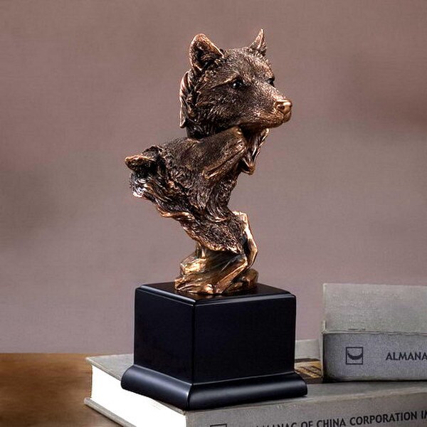 Double Wolves Wolf head Bust Sculptural Sacred Artwork Figurine